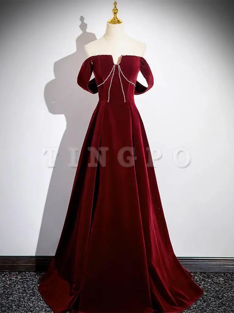 Wholesale A-Line Velvet Burgundy Long Prom Dress Burgundy Long Formal Dress gowns evening dresses